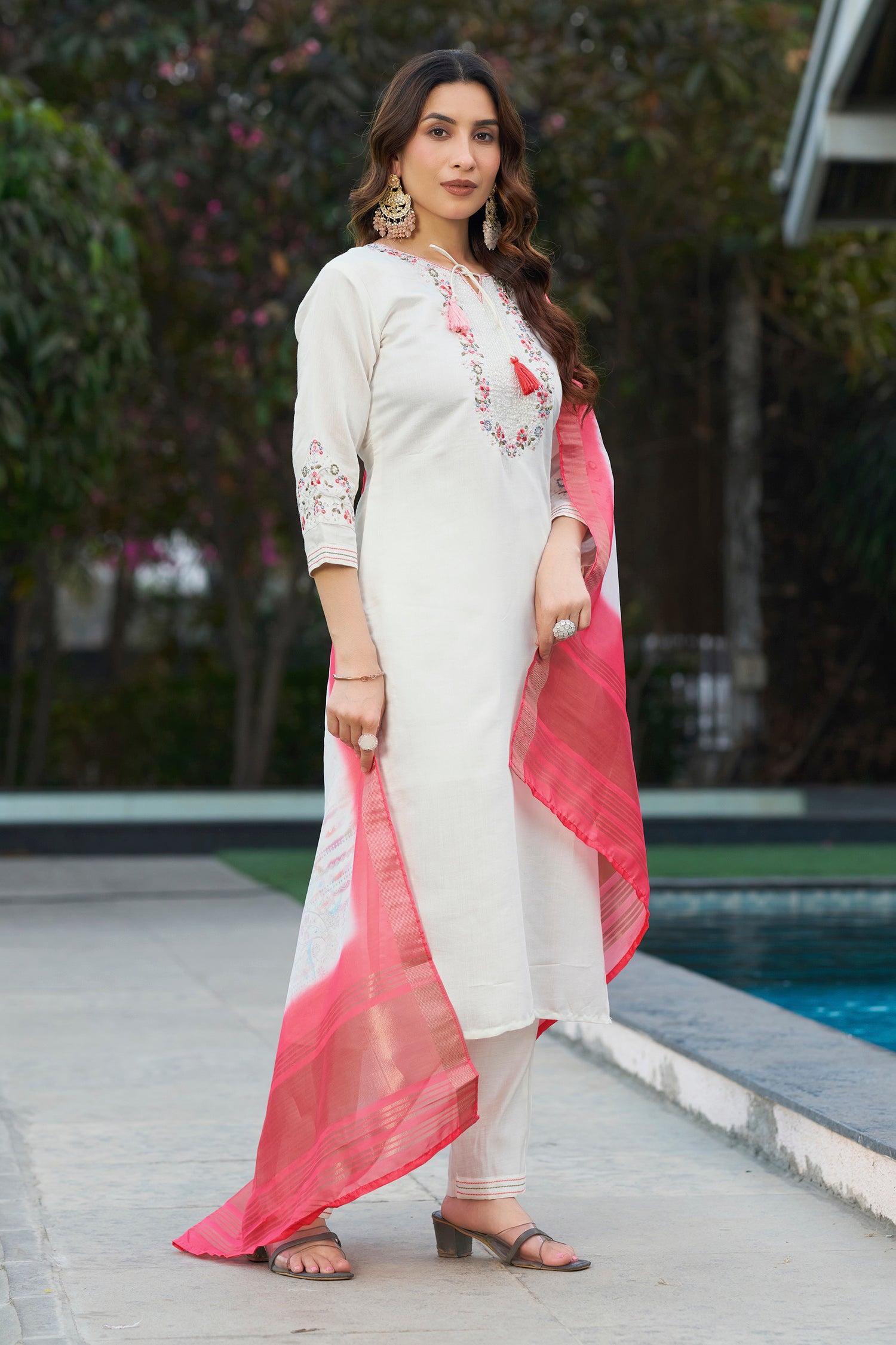 Lorenvalley Fashion White Viscose Silk Multi Embroidery Thread,With Hand Work Kurta Pant Dupatta