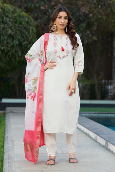 Lorenvalley Fashion White Viscose Silk Multi Embroidery Thread,With Hand Work Kurta Pant Dupatta