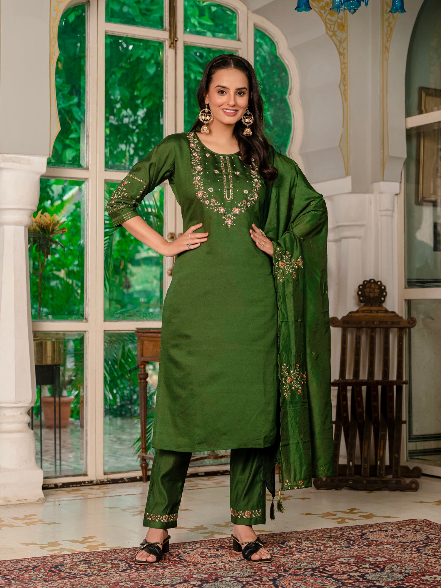 Lorenvalley Fashion Green Marina Silk Multi Embroidery Thread,With Hand Work Kurta Pant Dupatta
