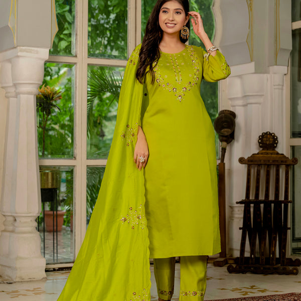 Lorenvalley Fashion Parrotgreen Marina Silk Multi Embroidery Thread,With Hand Work Kurta Pant Dupatta - Distacart