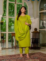 Thumbnail for Lorenvalley Fashion Parrotgreen Marina Silk Multi Embroidery Thread,With Hand Work Kurta Pant Dupatta