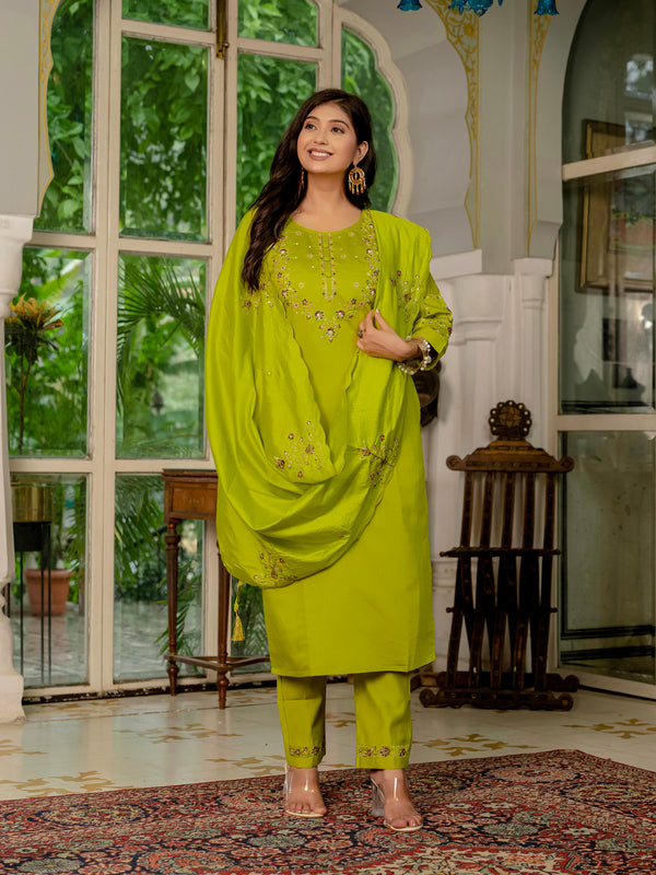 Lorenvalley Fashion Parrotgreen Marina Silk Multi Embroidery Thread,With Hand Work Kurta Pant Dupatta