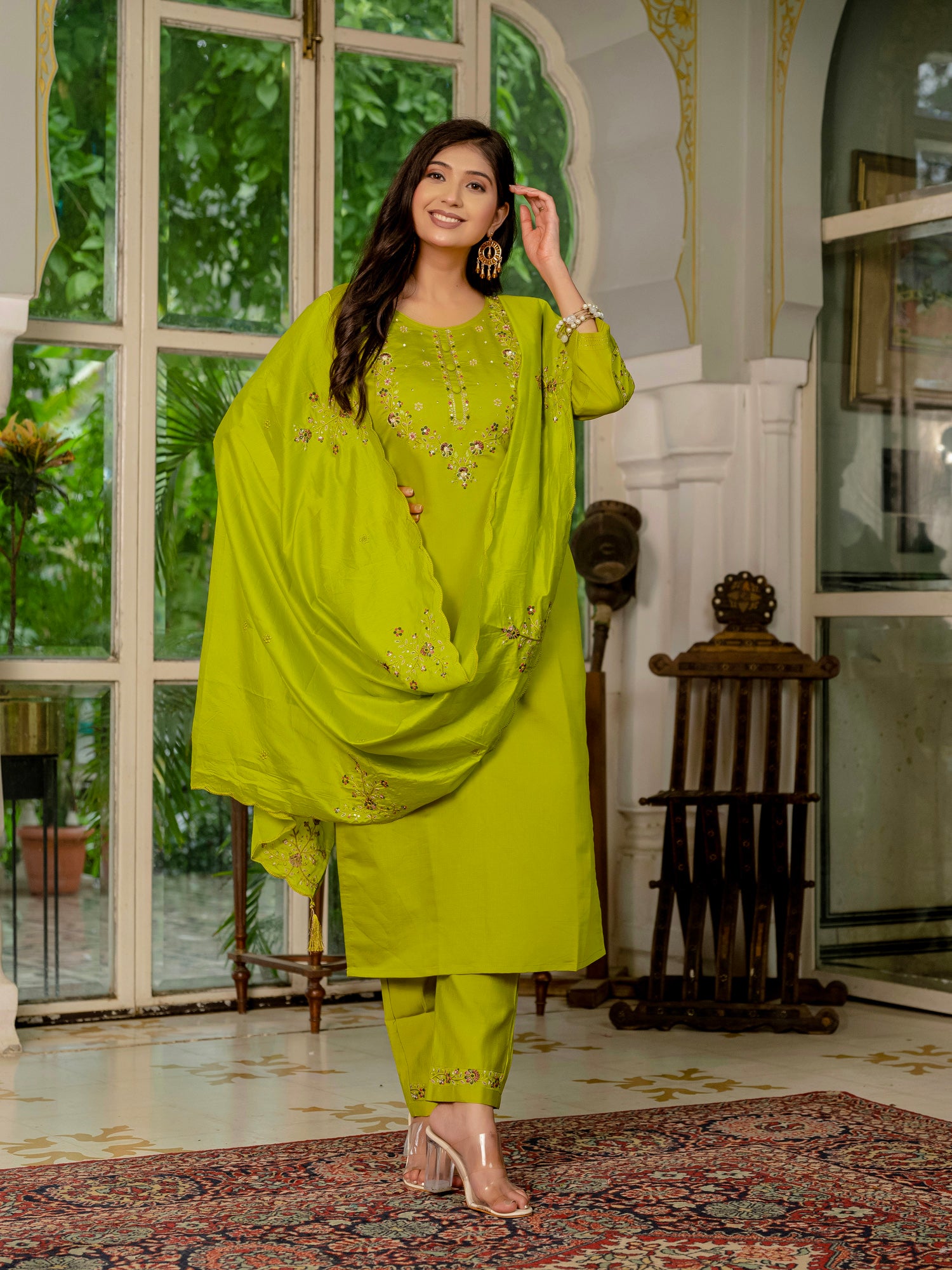 Lorenvalley Fashion Parrotgreen Marina Silk Multi Embroidery Thread,With Hand Work Kurta Pant Dupatta