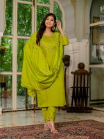 Thumbnail for Lorenvalley Fashion Parrotgreen Marina Silk Multi Embroidery Thread,With Hand Work Kurta Pant Dupatta