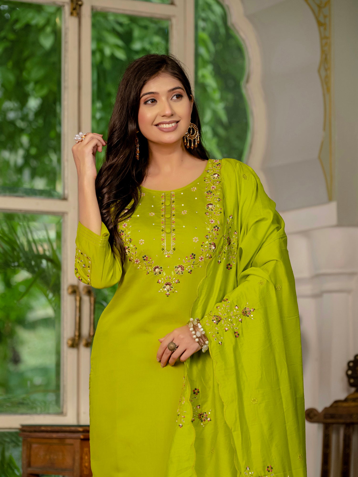 Lorenvalley Fashion Parrotgreen Marina Silk Multi Embroidery Thread,With Hand Work Kurta Pant Dupatta