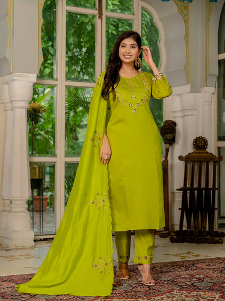 Lorenvalley Fashion Parrotgreen Marina Silk Multi Embroidery Thread,With Hand Work Kurta Pant Dupatta