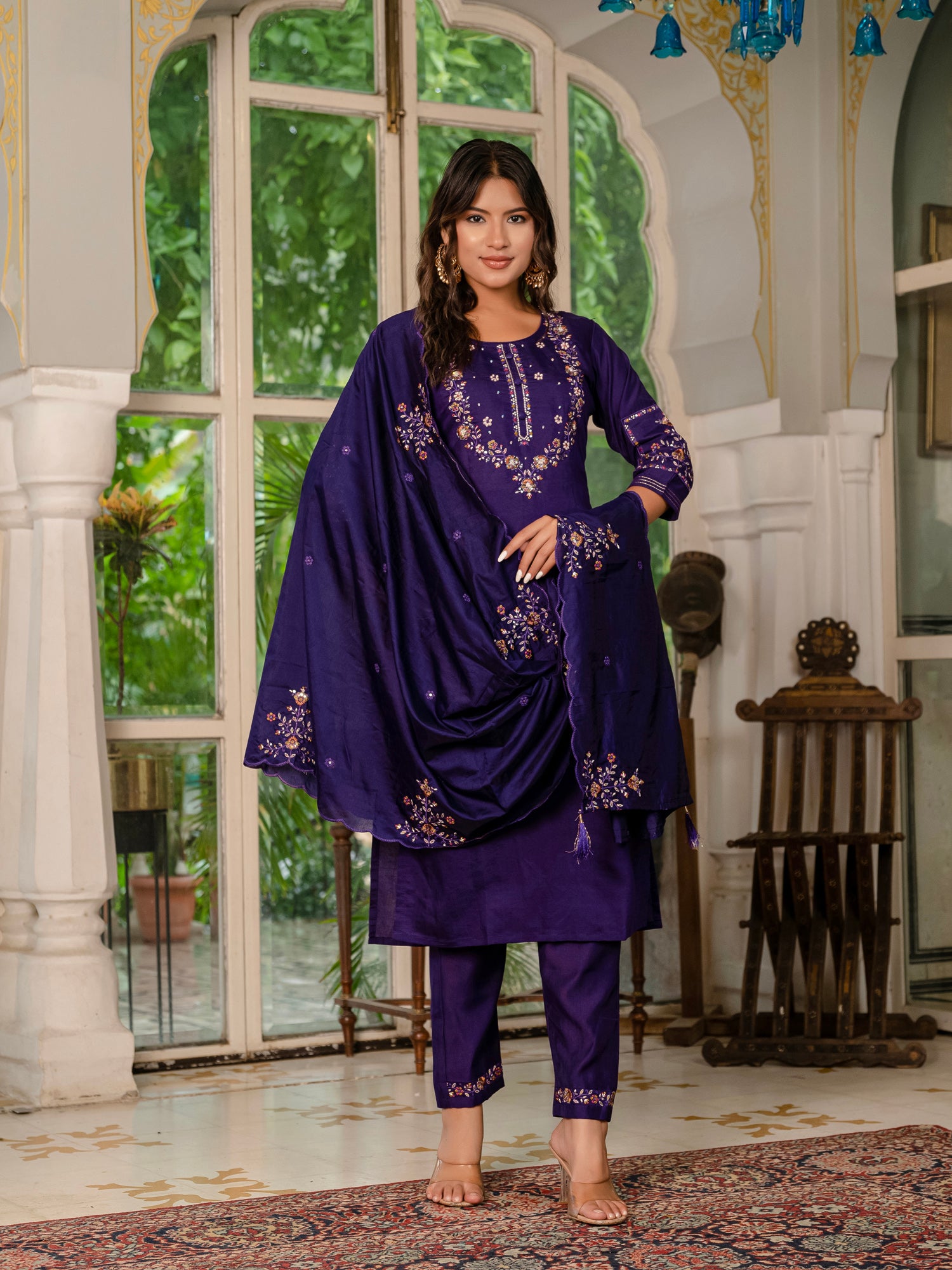 Lorenvalley Fashion Wine Marina Silk Multi Embroidery Thread,With Hand Work Kurta Pant Dupatta
