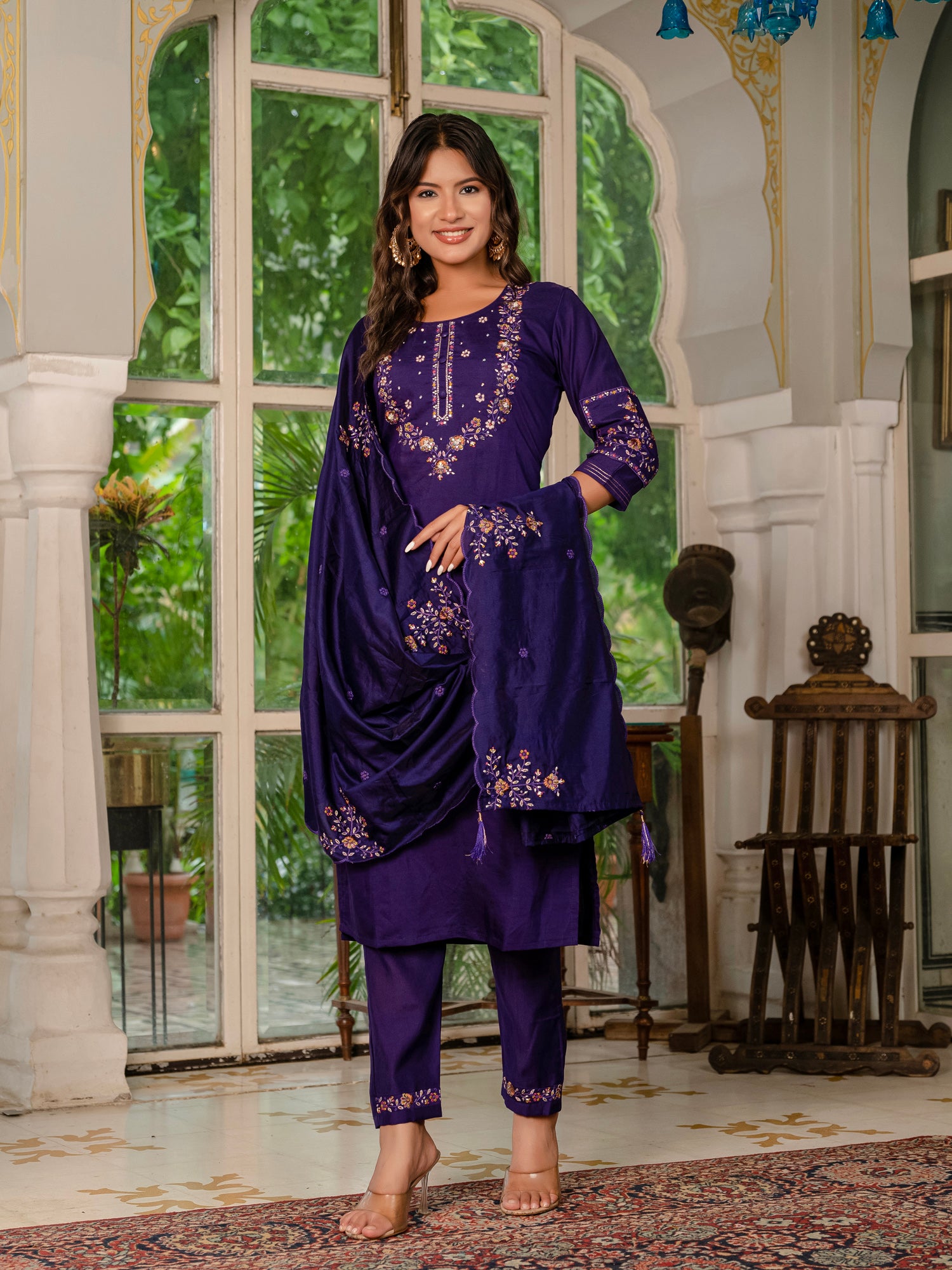 Lorenvalley Fashion Wine Marina Silk Multi Embroidery Thread,With Hand Work Kurta Pant Dupatta