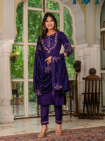 Thumbnail for Lorenvalley Fashion Wine Marina Silk Multi Embroidery Thread,With Hand Work Kurta Pant Dupatta
