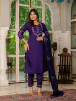 Thumbnail for Lorenvalley Fashion Wine Marina Silk Multi Embroidery Thread,With Hand Work Kurta Pant Dupatta