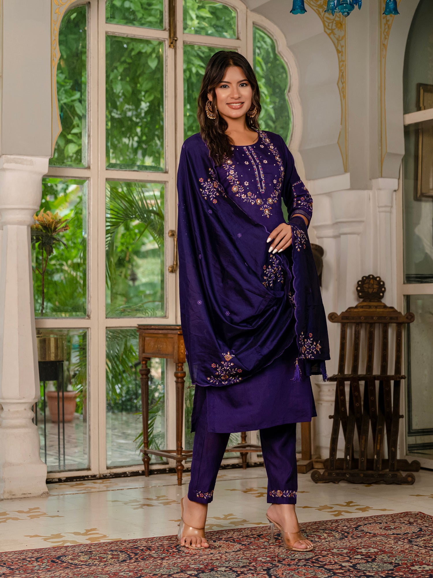 Lorenvalley Fashion Wine Marina Silk Multi Embroidery Thread,With Hand Work Kurta Pant Dupatta