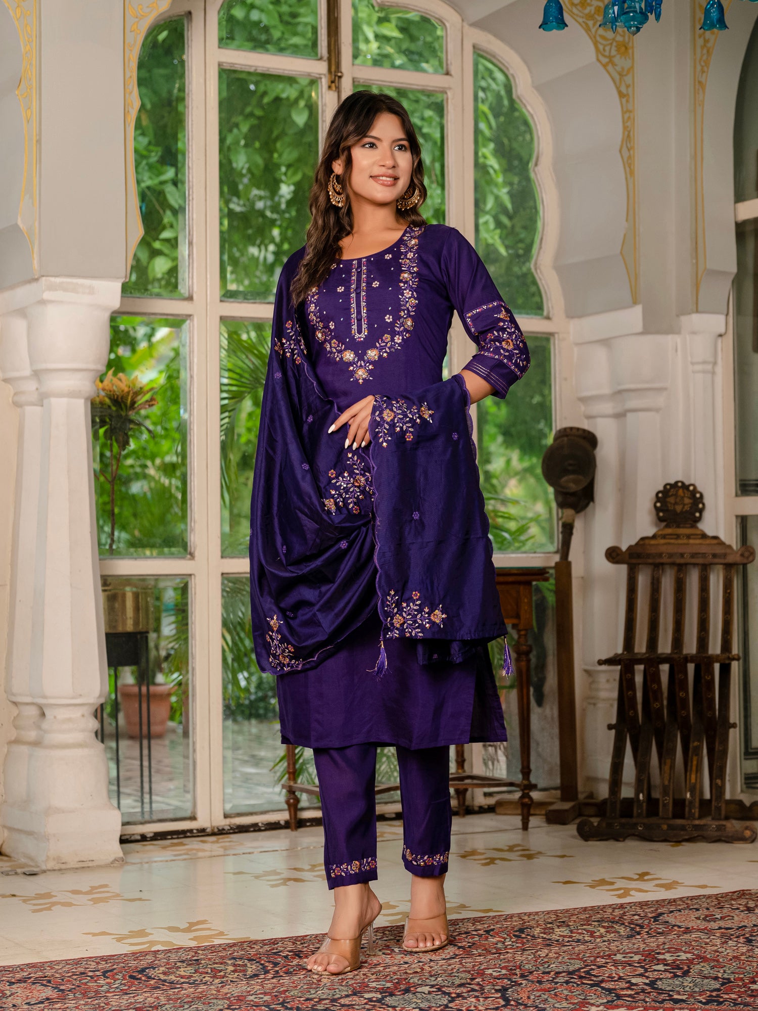 Lorenvalley Fashion Wine Marina Silk Multi Embroidery Thread,With Hand Work Kurta Pant Dupatta
