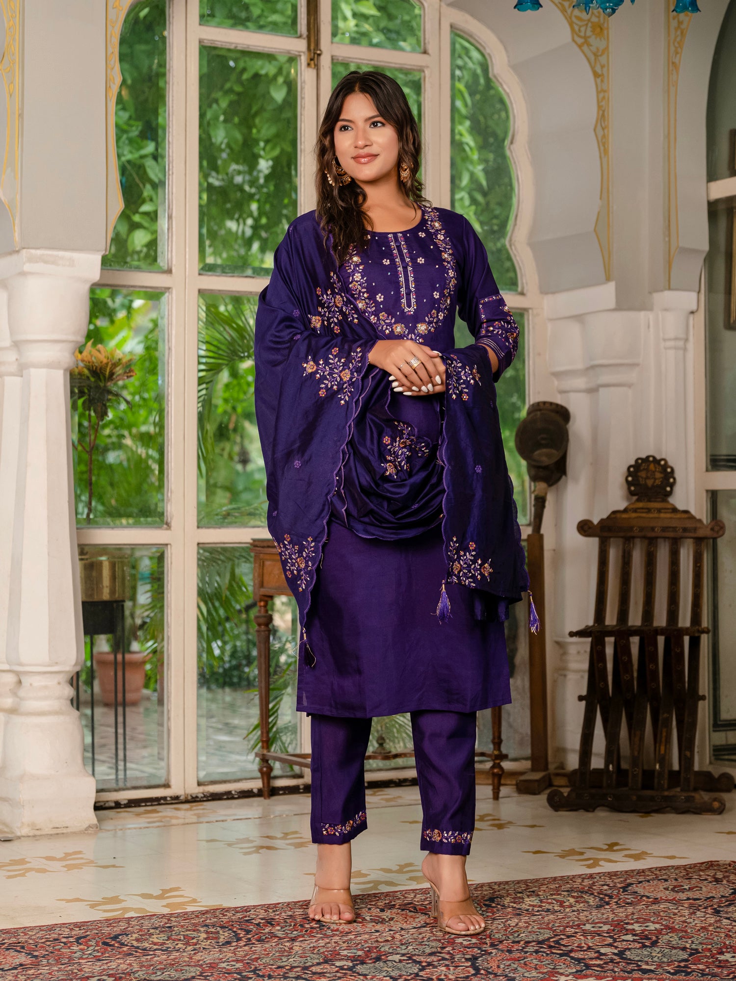 Lorenvalley Fashion Wine Marina Silk Multi Embroidery Thread,With Hand Work Kurta Pant Dupatta