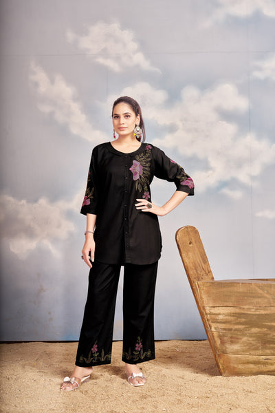 Lorenvalley Fashion Black Heavy Rayon Multi Embroidery Thread Work Co-Ords Set