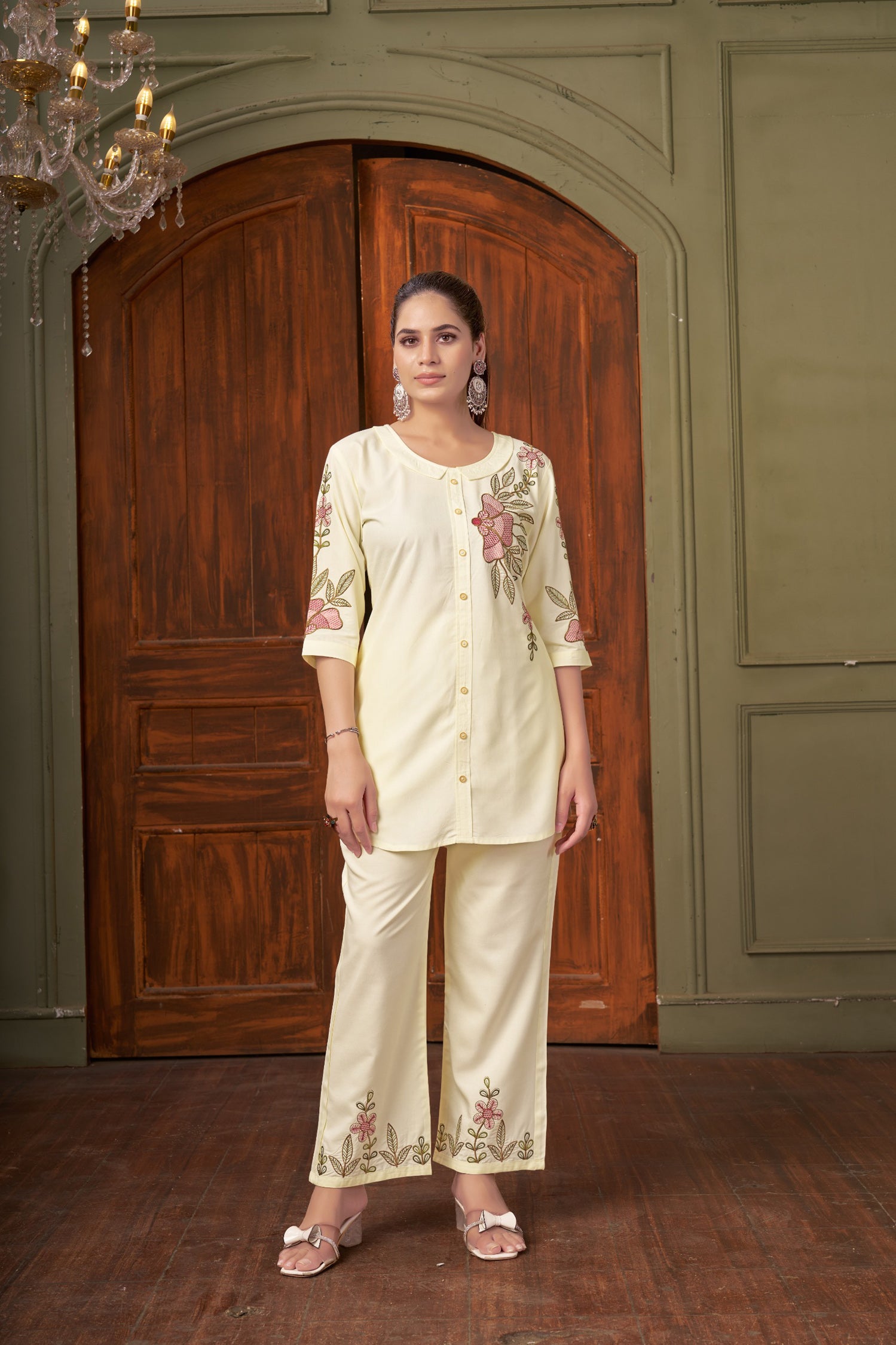 Lorenvalley Fashion Cream Heavy Rayon Multi Embroidery Thread Work Co-Ords Set