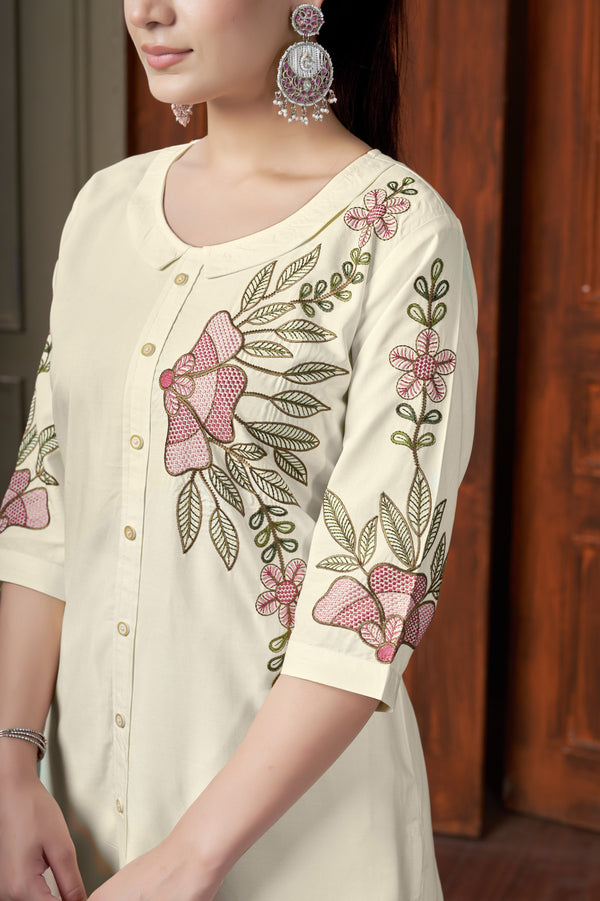 Lorenvalley Fashion Cream Heavy Rayon Multi Embroidery Thread Work Co-Ords Set