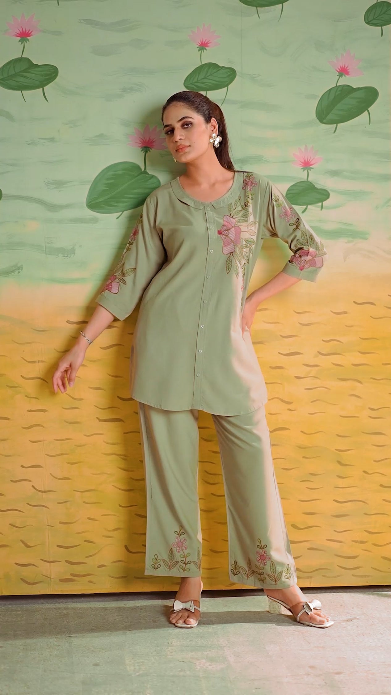 Lorenvalley Fashion Green Heavy Rayon Multi Embroidery Thread Work Co-Ords Set