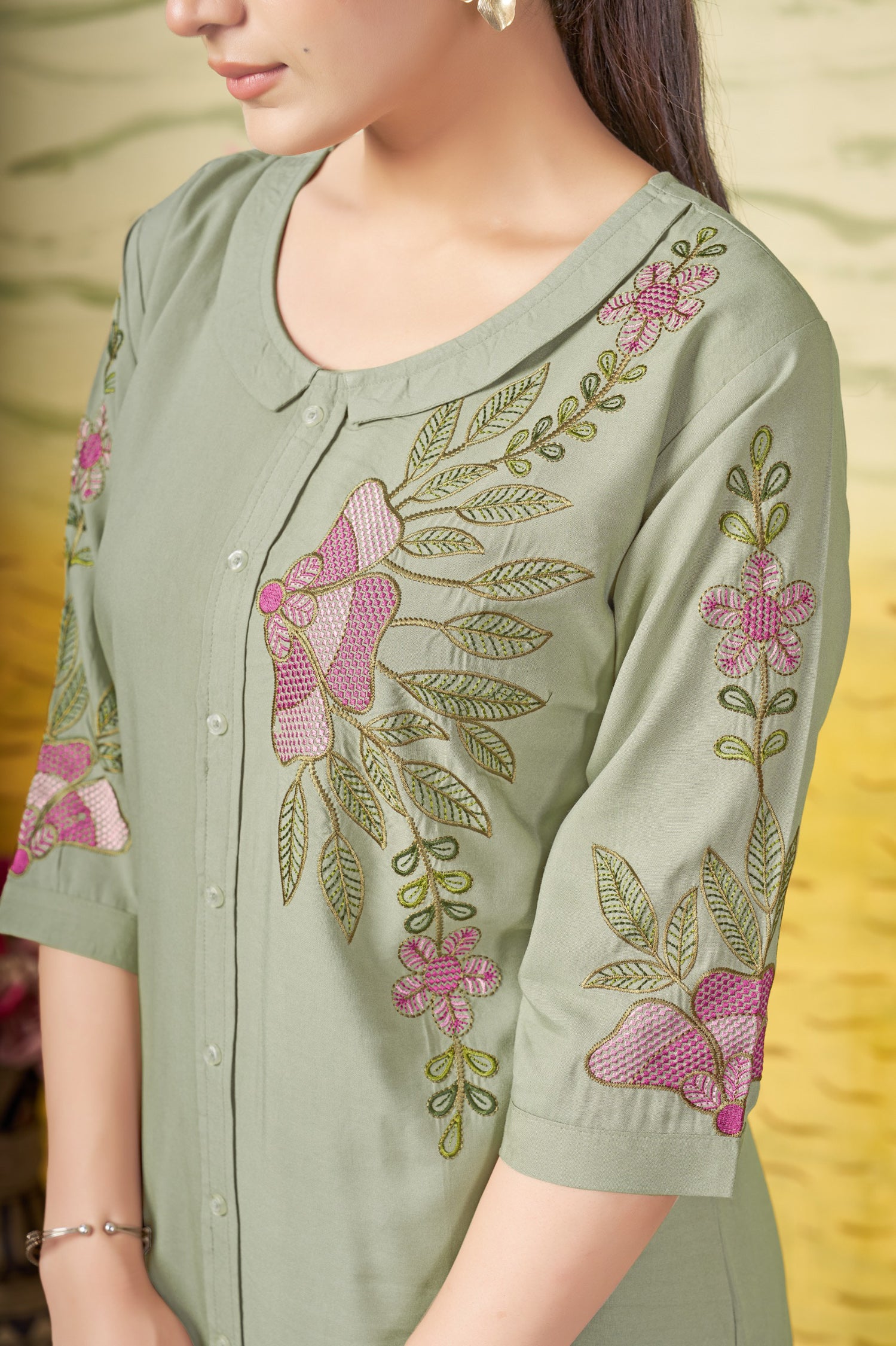 Lorenvalley Fashion Green Heavy Rayon Multi Embroidery Thread Work Co-Ords Set