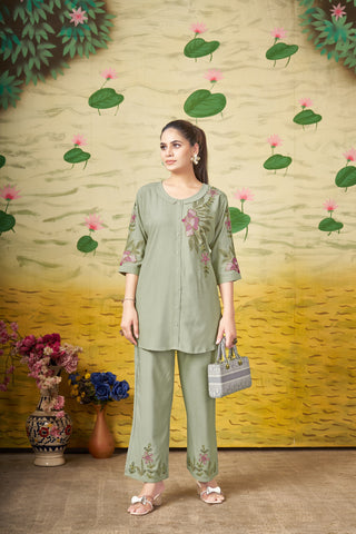 Lorenvalley Fashion Green Heavy Rayon Multi Embroidery Thread Work Co-Ords Set