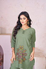 Thumbnail for Lorenvalley Fashion Green Heavy Rayon Multi Embroidery Thread Work Co-Ords Set