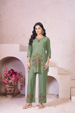 Thumbnail for Lorenvalley Fashion Green Heavy Rayon Multi Embroidery Thread Work Co-Ords Set