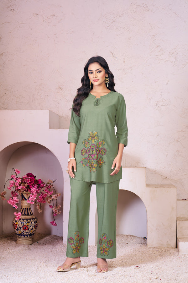 Lorenvalley Fashion Green Heavy Rayon Multi Embroidery Thread Work Co-Ords Set