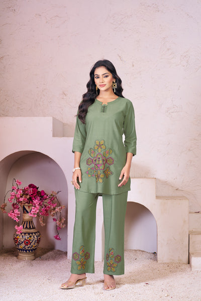 Lorenvalley Fashion Green Heavy Rayon Multi Embroidery Thread Work Co-Ords Set