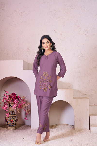 Lorenvalley Fashion Lavender Heavy Rayon Multi Embroidery Thread Work Co-Ords Set