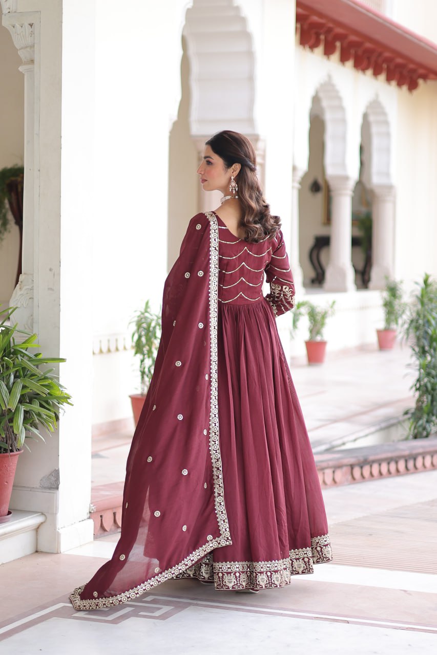 Evanik Designer Vichitra Silk with Rich Embroidered Zari & Thread Work Gown Dupatta - Distacart