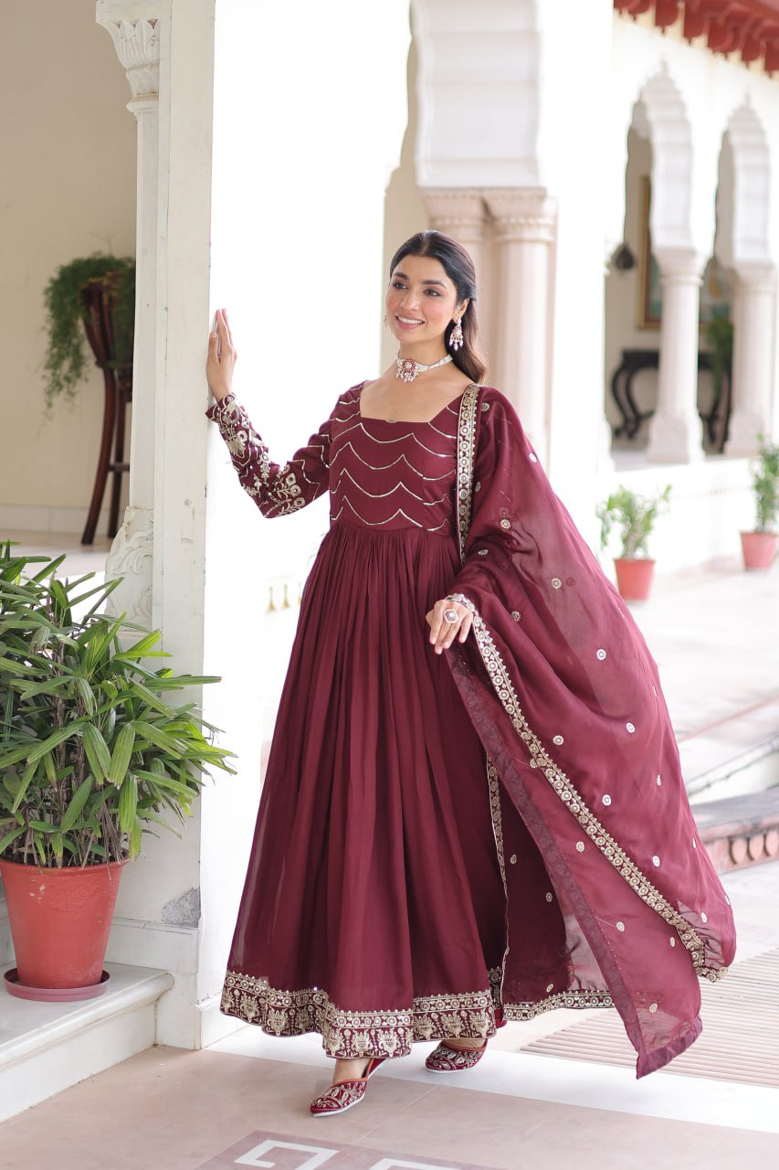 Evanik Designer Vichitra Silk with Rich Embroidered Zari & Thread Work Gown Dupatta