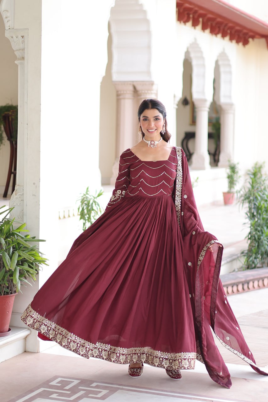 Evanik Designer Vichitra Silk with Rich Embroidered Zari & Thread Work Gown Dupatta