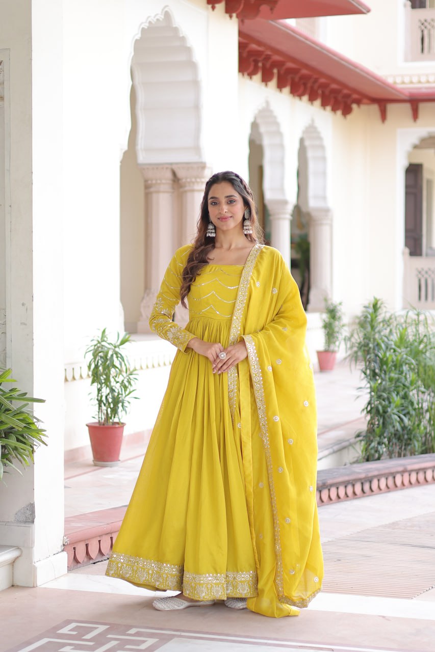 Evanik Designer Vichitra Silk with Rich Embroidered Zari & Thread Work Gown Dupatta - Distacart