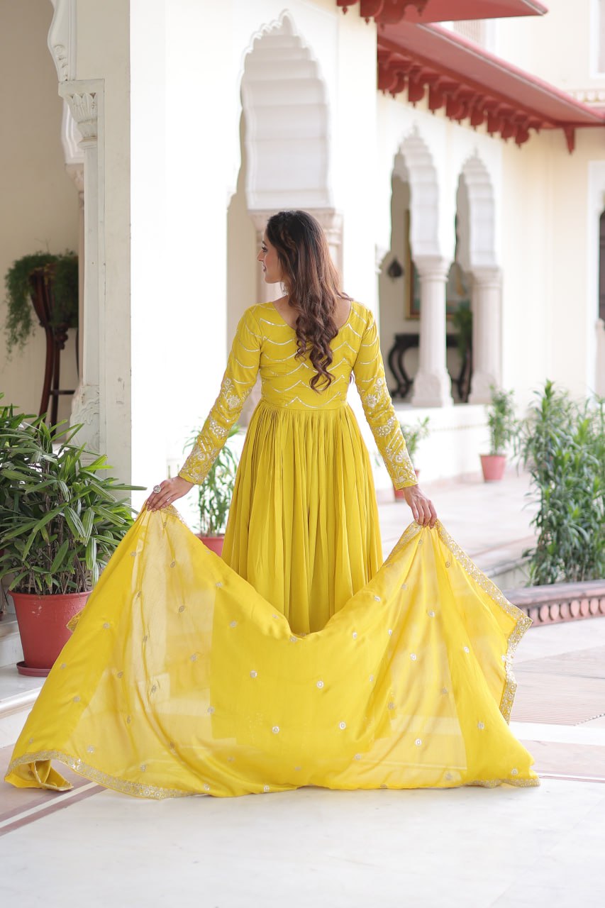 Evanik Designer Vichitra Silk with Rich Embroidered Zari & Thread Work Gown Dupatta - Distacart