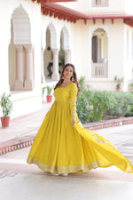 Thumbnail for Evanik Designer Vichitra Silk with Rich Embroidered Zari & Thread Work Gown Dupatta - Distacart