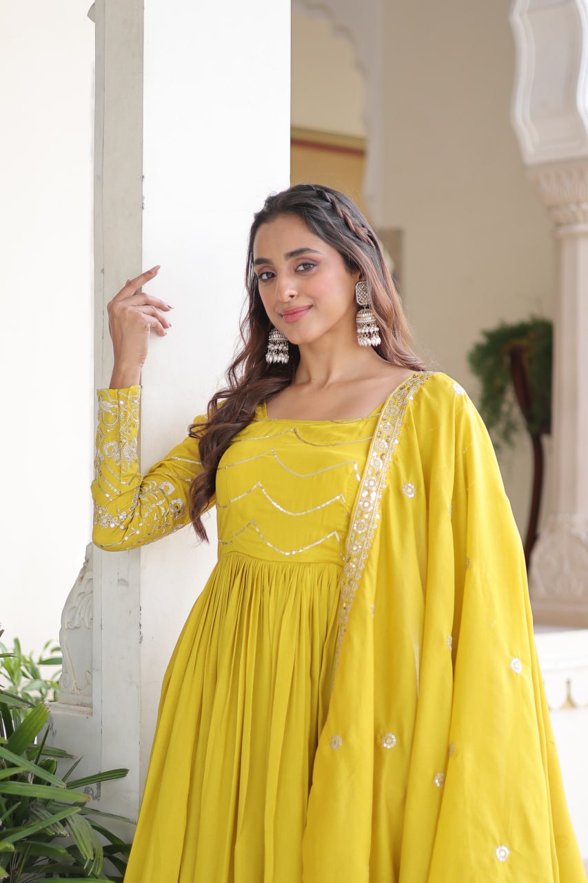Evanik Designer Vichitra Silk with Rich Embroidered Zari & Thread Work Gown Dupatta - Distacart
