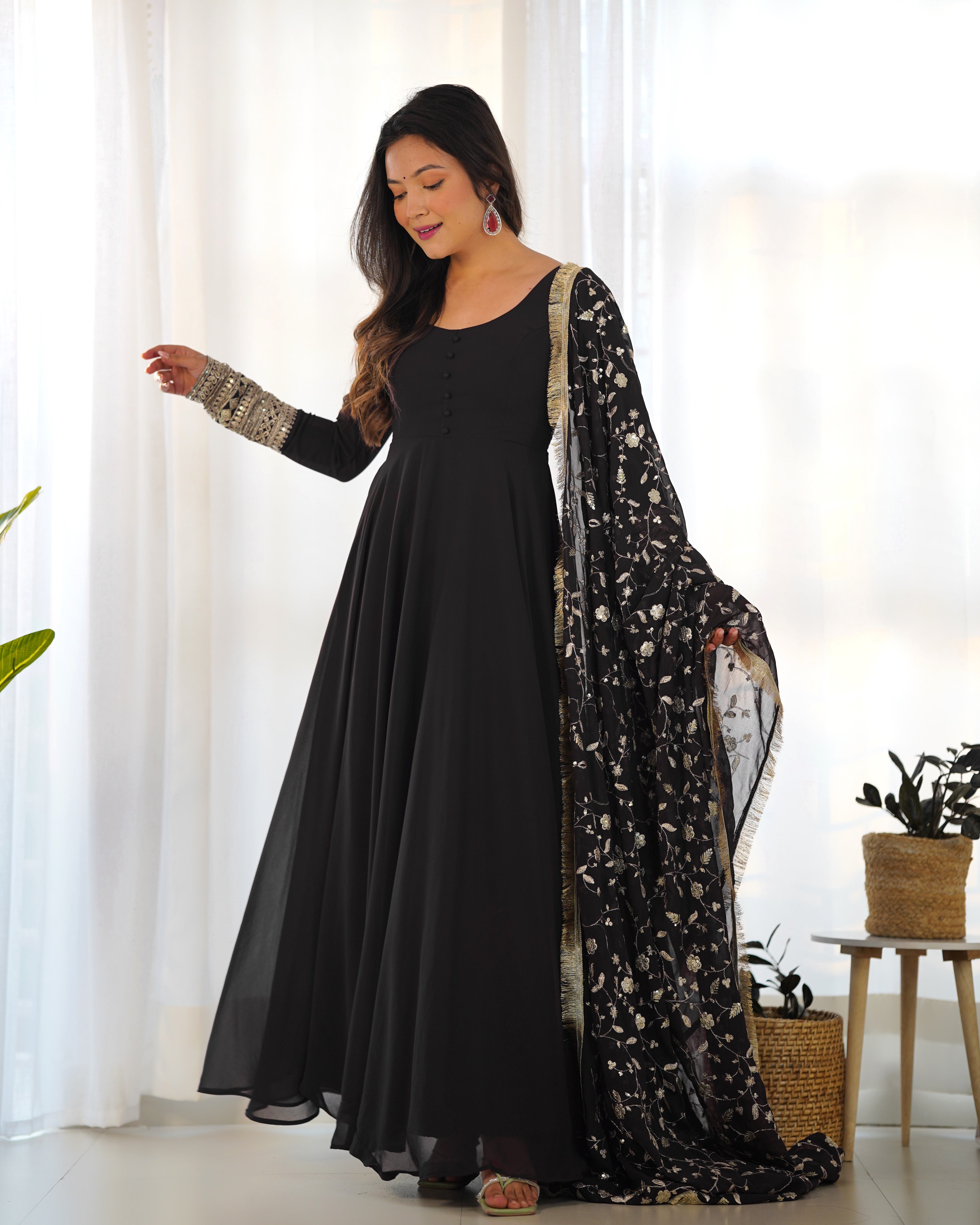 Lorenvalley Women Georgette Anarkali Gown Duppta Full Set With Pent Ready To Wear - Black - Distacart