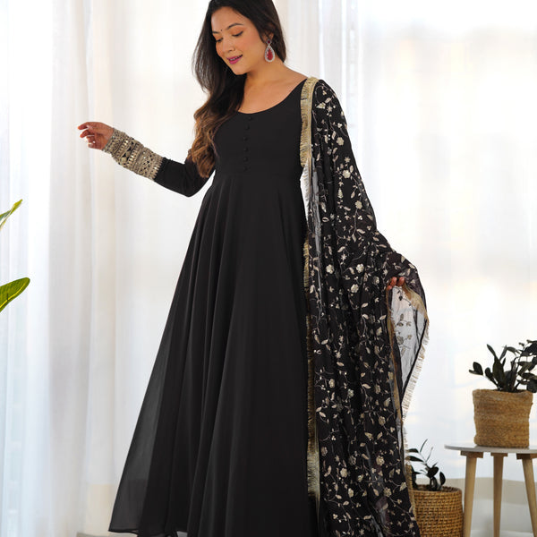 Lorenvalley Women Georgette Anarkali Gown Duppta Full Set With Pent Ready To Wear - Black - Distacart