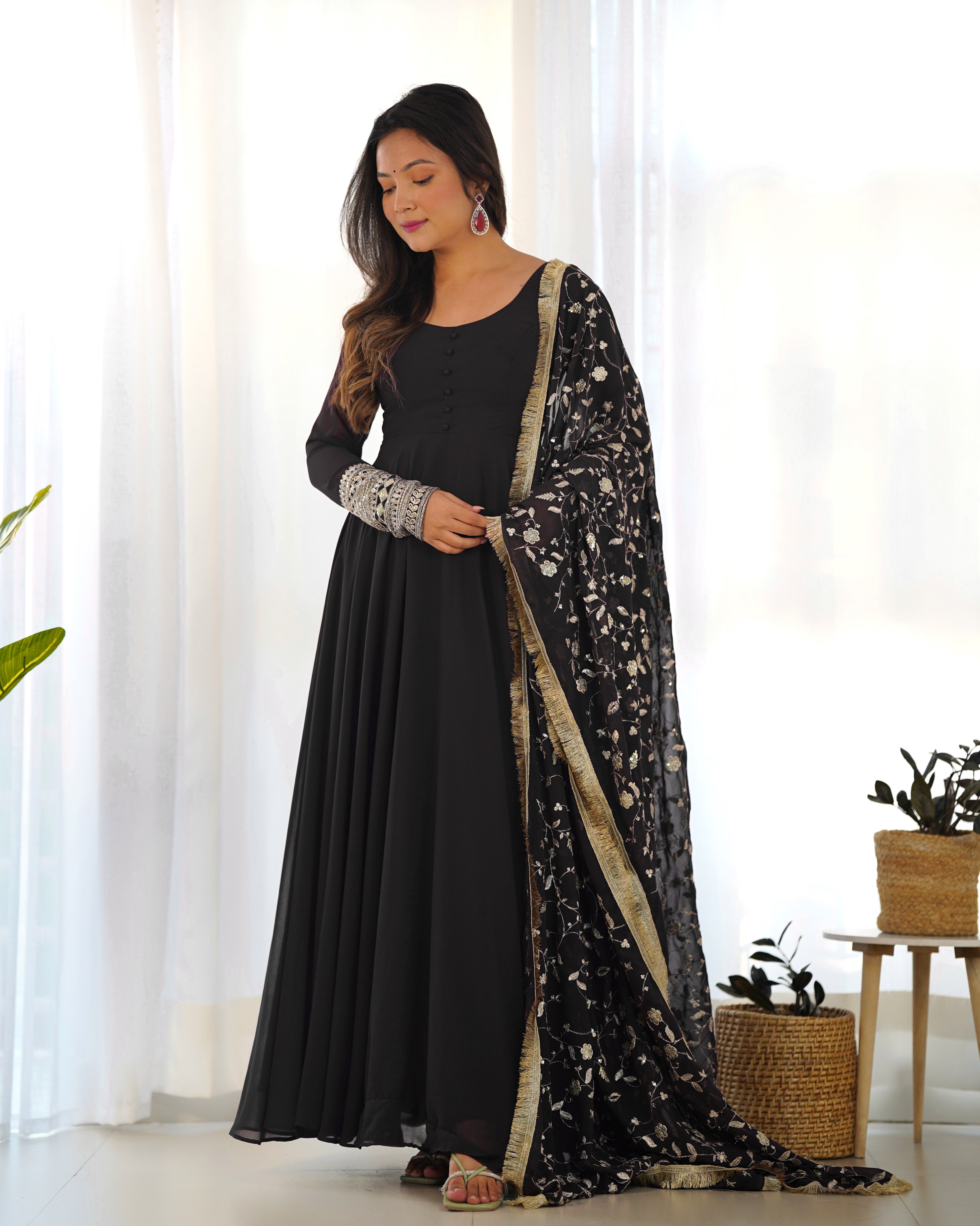 Lorenvalley Women Georgette Anarkali Gown Duppta Full Set With Pent Ready To Wear - Black - Distacart