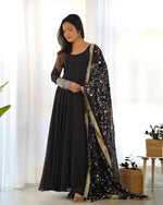 Thumbnail for Lorenvalley Women Georgette Anarkali Gown Duppta Full Set With Pent Ready To Wear - Black - Distacart