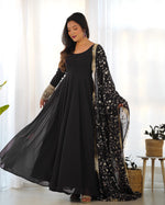 Thumbnail for Lorenvalley Women Georgette Anarkali Gown Duppta Full Set With Pent Ready To Wear - Black - Distacart