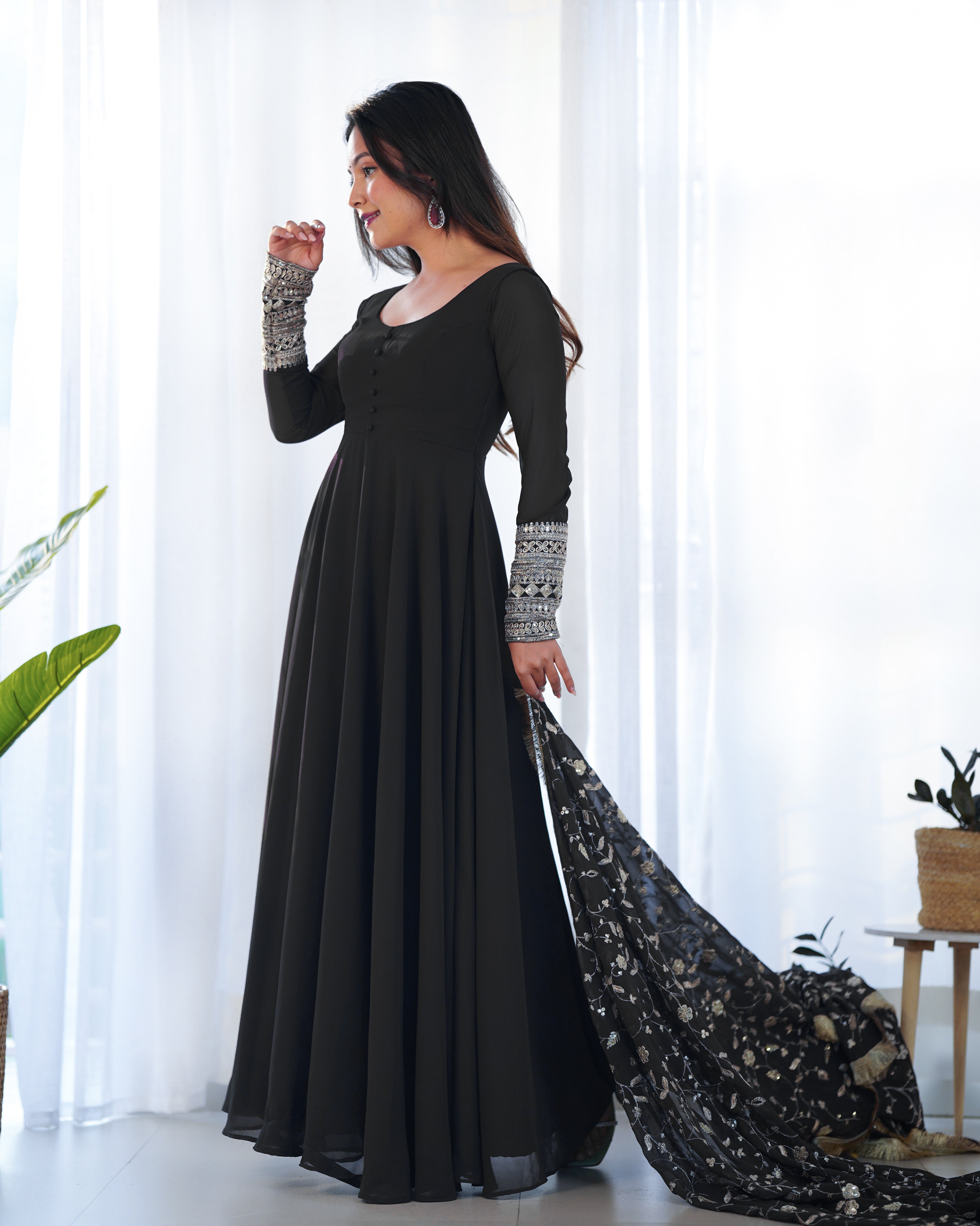 Lorenvalley Women Georgette Anarkali Gown Duppta Full Set With Pent Ready To Wear - Black - Distacart