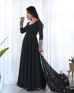 Thumbnail for Lorenvalley Women Georgette Anarkali Gown Duppta Full Set With Pent Ready To Wear - Black - Distacart