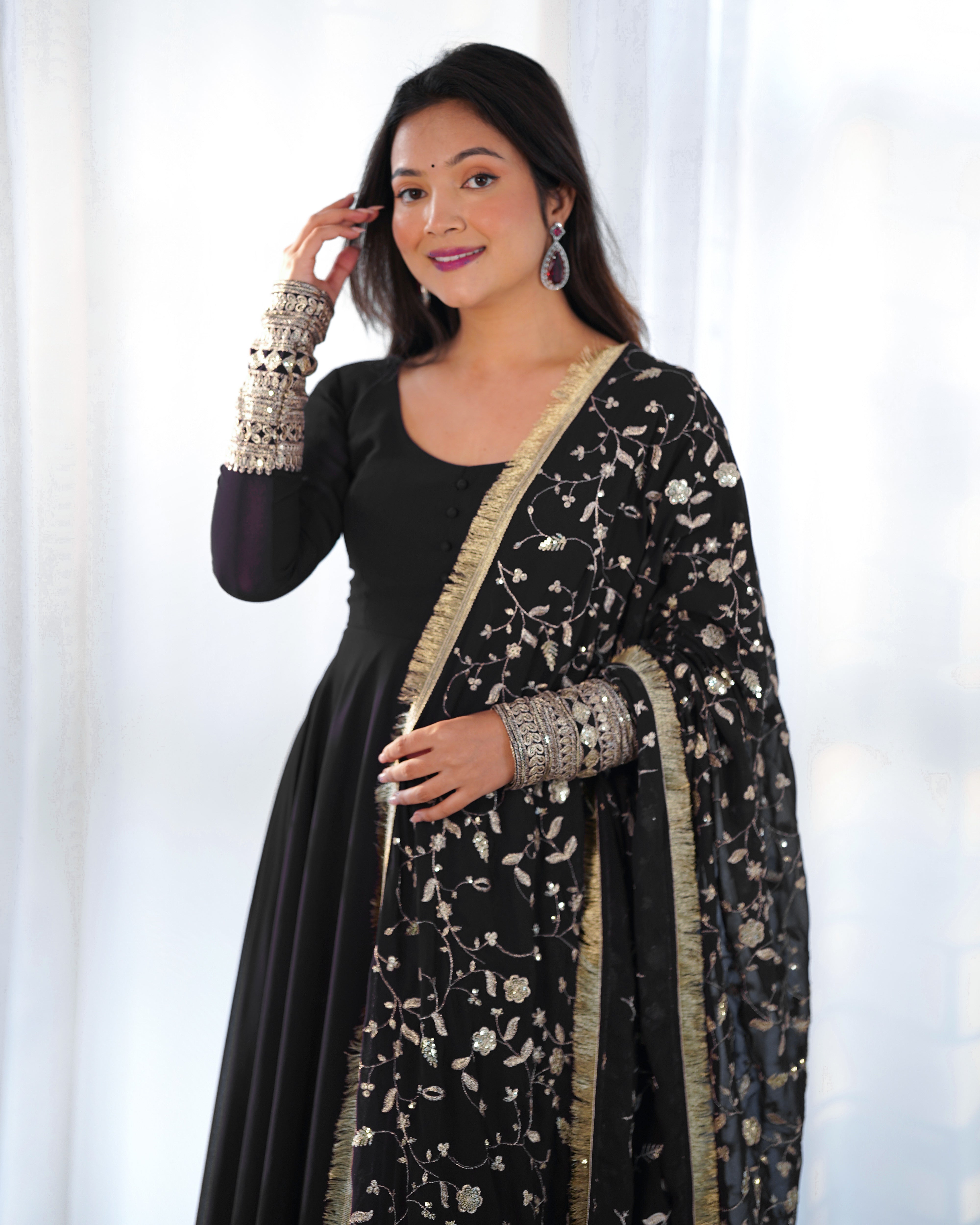 Lorenvalley Women Georgette Anarkali Gown Duppta Full Set With Pent Ready To Wear - Black - Distacart