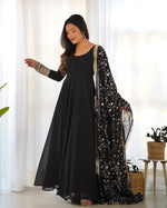 Thumbnail for Lorenvalley Women Georgette Anarkali Gown Duppta Full Set With Pent Ready To Wear - Black - Distacart