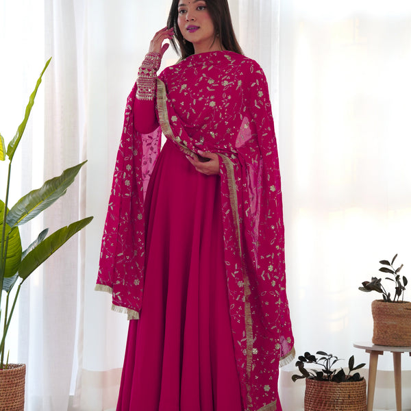 Lorenvalley Women Georgette Anarkali Gown Duppta Full Set With Pent Ready To Wear - Magenta - Distacart