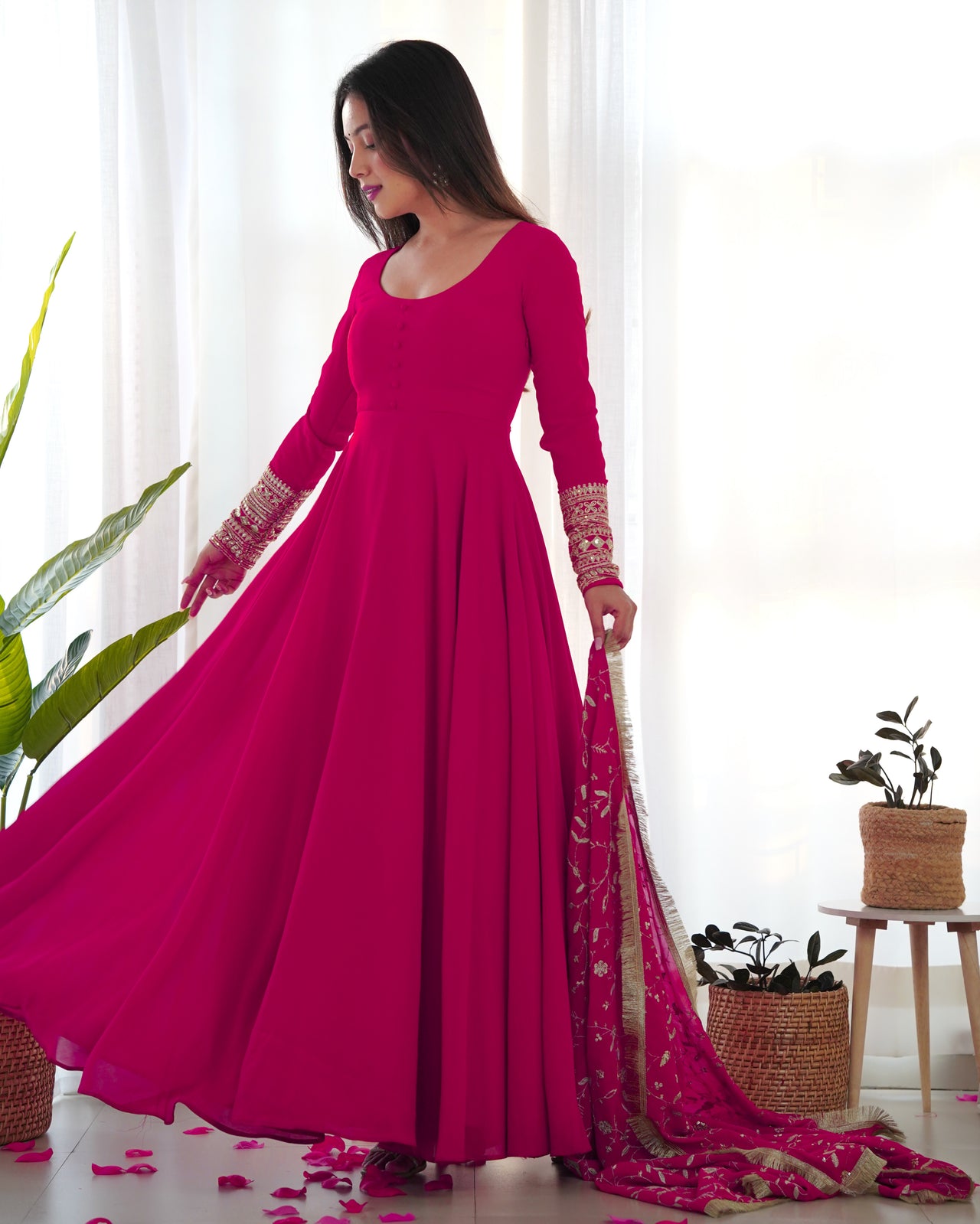 Lorenvalley Women Georgette Anarkali Gown Duppta Full Set With Pent Ready To Wear - Magenta