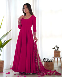 Thumbnail for Lorenvalley Women Georgette Anarkali Gown Duppta Full Set With Pent Ready To Wear - Magenta