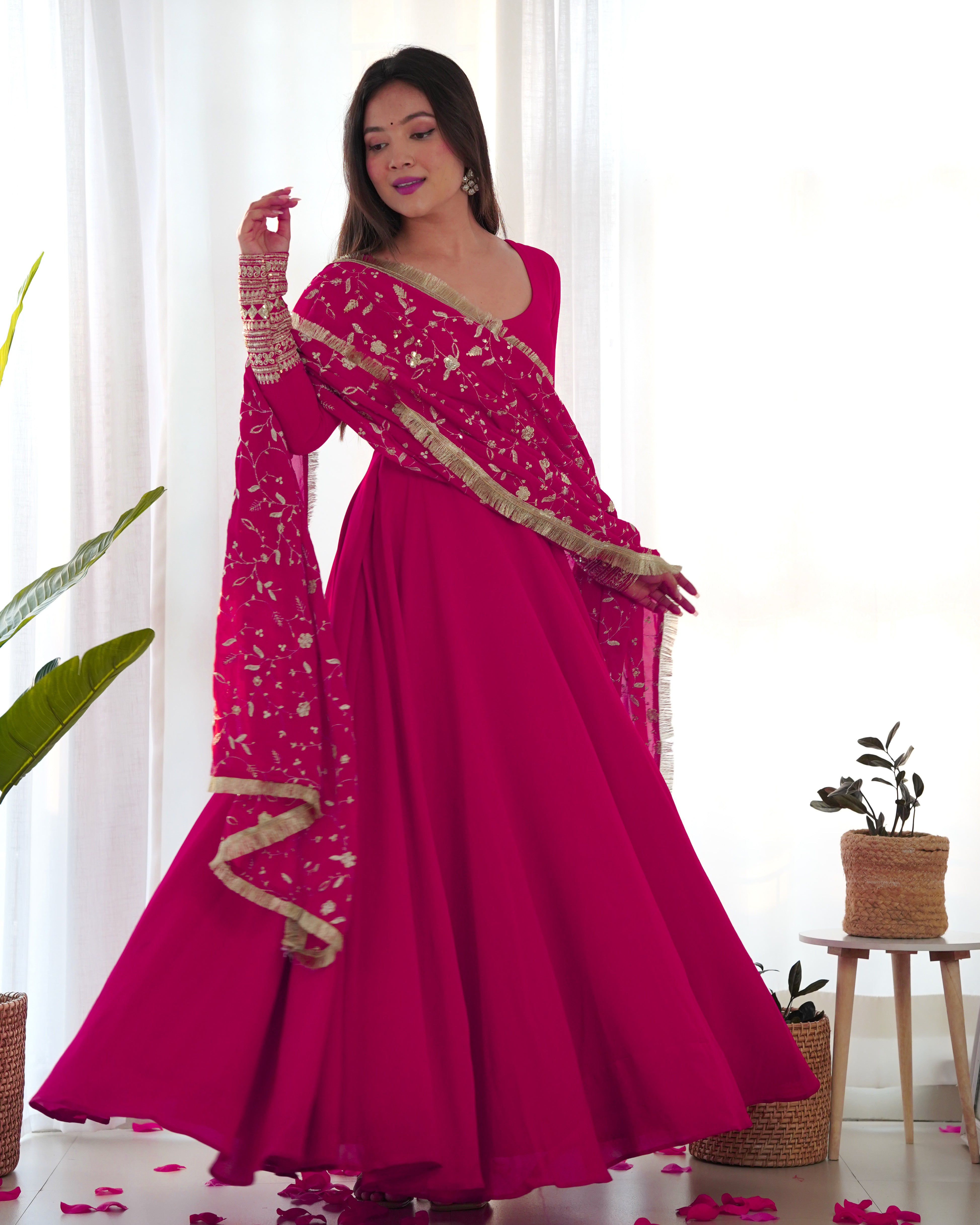 Lorenvalley Women Georgette Anarkali Gown Duppta Full Set With Pent Ready To Wear - Magenta - Distacart