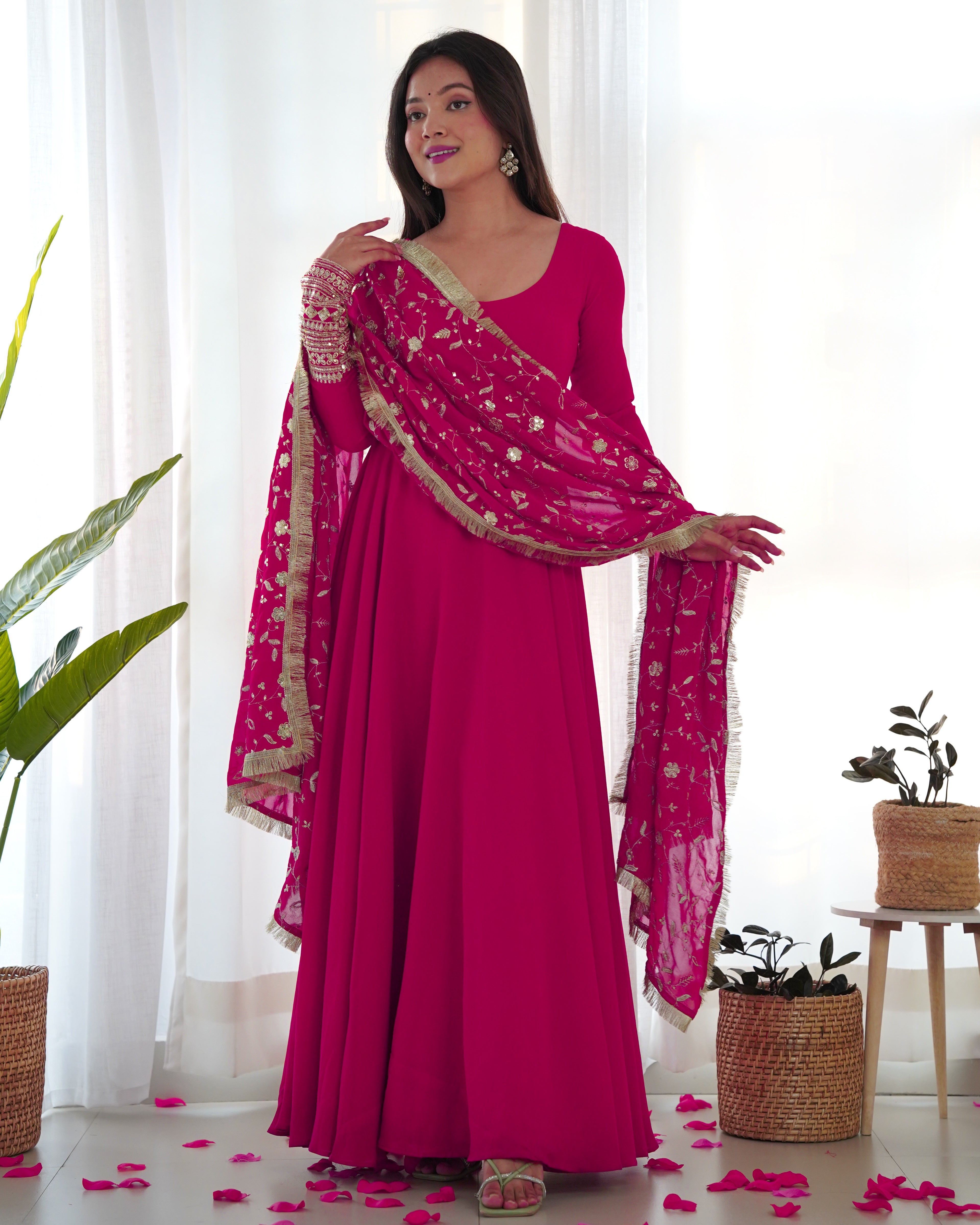 Lorenvalley Women Georgette Anarkali Gown Duppta Full Set With Pent Ready To Wear - Magenta - Distacart