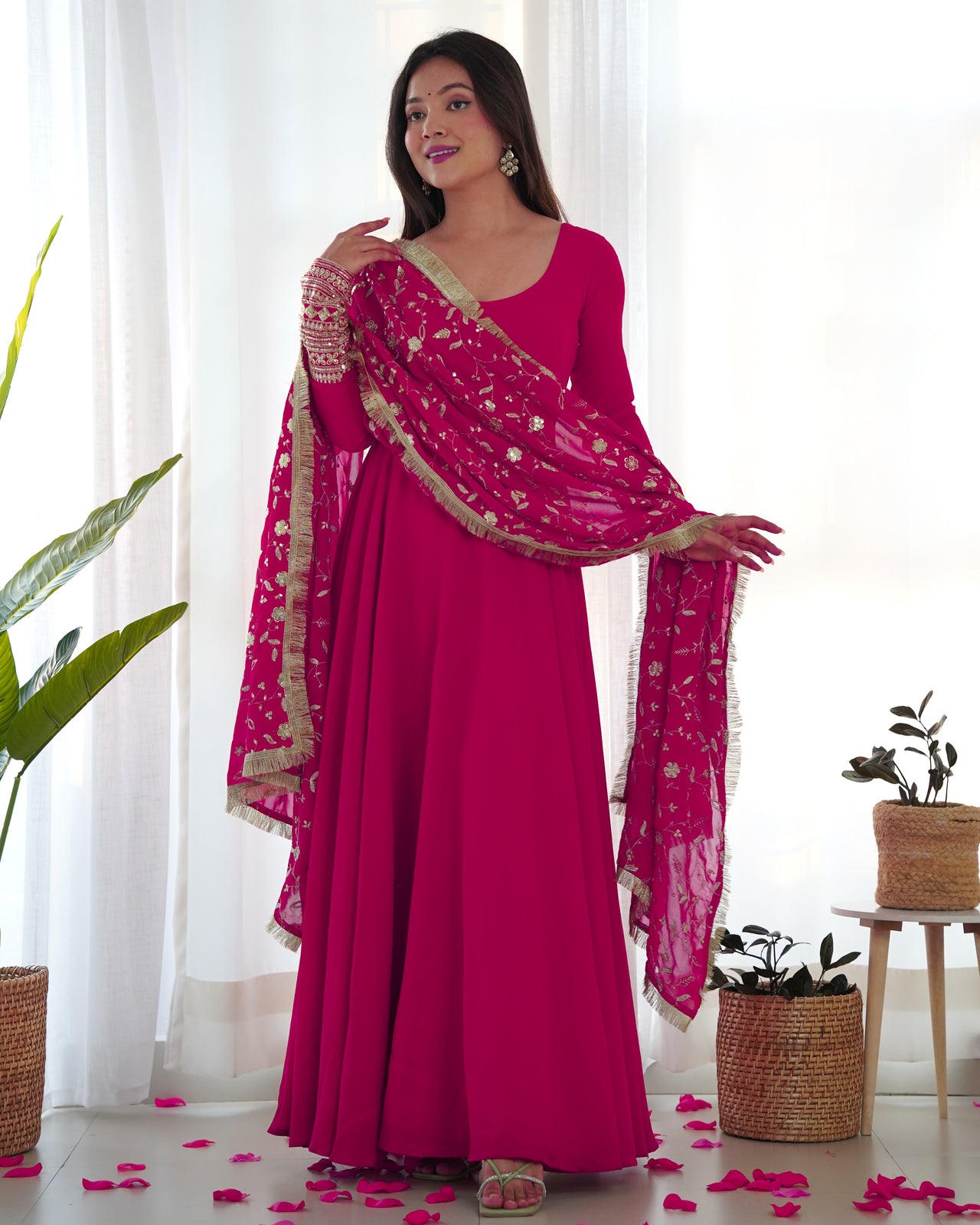 Lorenvalley Women Georgette Anarkali Gown Duppta Full Set With Pent Ready To Wear - Magenta